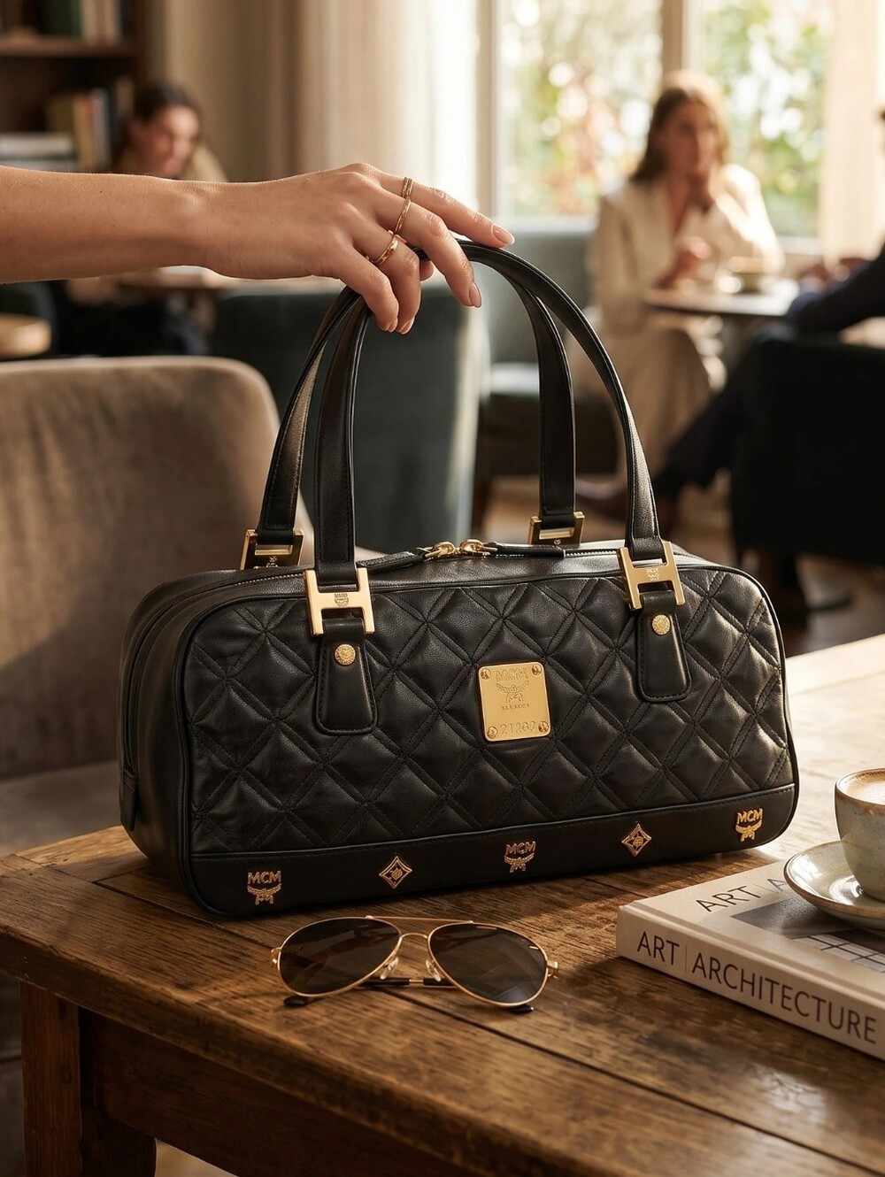 MCM Quilted Leather Black Boston/Bowler Bag with Gold Hardware